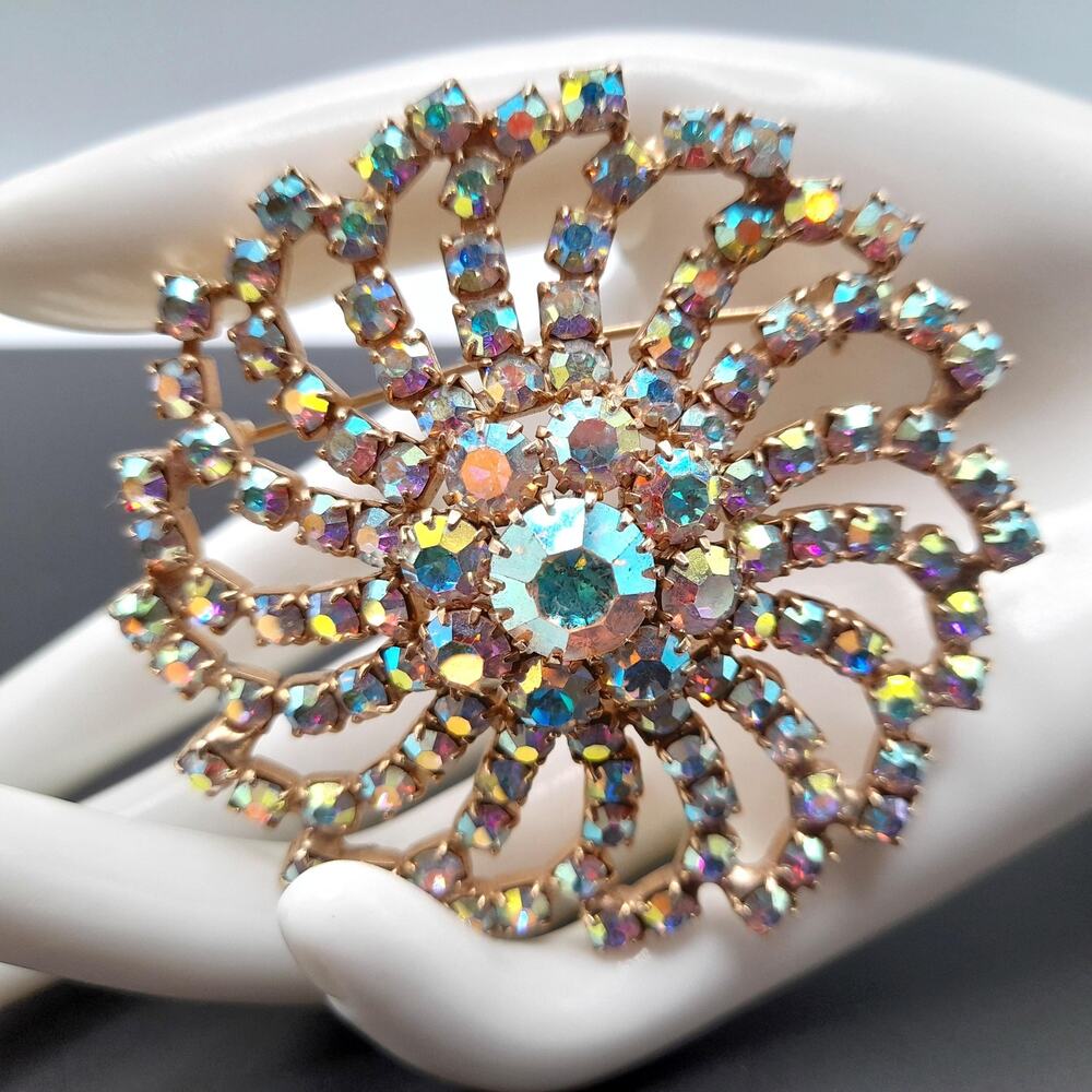 Mid-Century Aurora Borealis Rhinestone Brooch, Gold Plated 1960s Vintage Jewelry